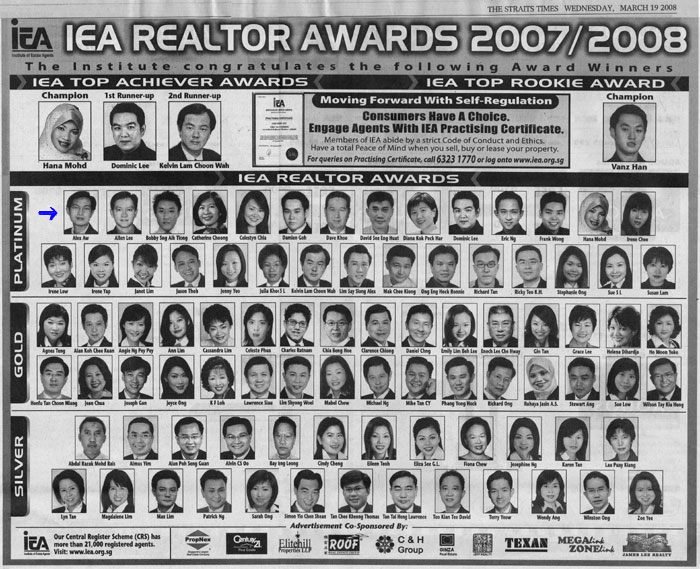 IEA Platinum Realtor Award Winner Year 2007/2008